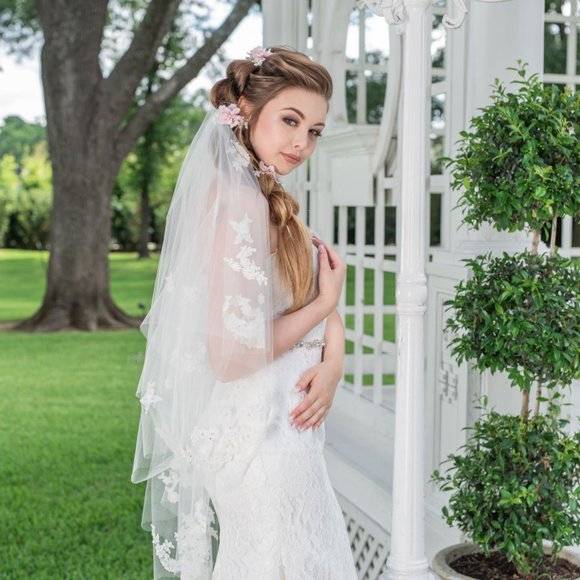 Beaded ivory lace trim fingertip wedding veil main image 4